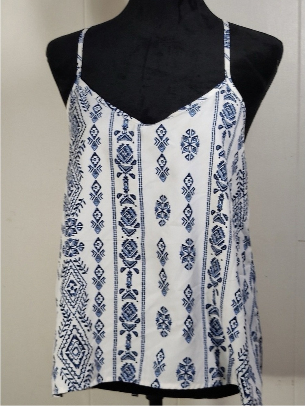Women’s White and Blue Embroidered-Style Spaghetti Strap Camisole